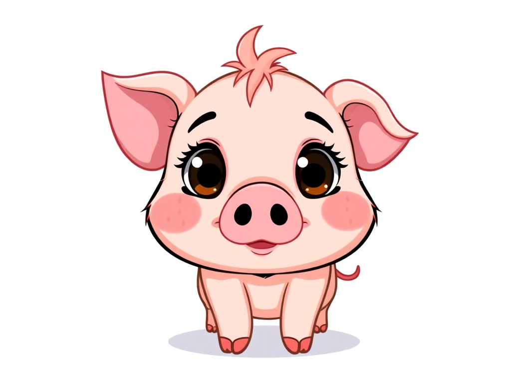Create a high-resolution, cartoon-style illustration of a cute piglet with large eyes and freckles, set against a simple white background, using a DSLR camera with a 50mm lens, f/2.8 aperture, ISO 100, and soft natural lighting for enhanced detail and clarity.