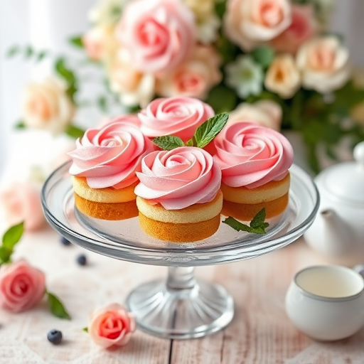 Create an image of a clear glass cake stand displaying several small layered cakes with pink frosting shaped like roses on top and fresh mint leaves as decoration surrounded by a soft floral background and a delicate tea set in the scene.
