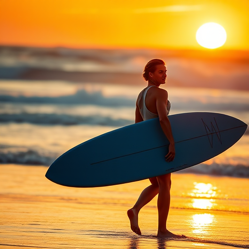 surfer walking on the beach at sunset with a blue surfboard, shallow depth of field, 50mm lens, f/2.8 aperture, ISO 100, soft golden hour lighting, DSLR camera, portrait view