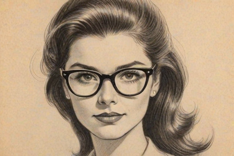 Appealing Monica Barbaro, pencil sketch, portrait of Bewitching woman 1946s in glasses, hair style beatnik, outline, clear lines, fine lines, 8k