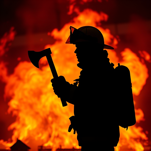 Create a silhouette of a firefighter holding an axe against a vivid flame background, using a DSLR camera with a Canon 50mm lens at f/1.8, ISO 100, and a shutter speed of 1/250 sec, capturing the image in a high-contrast style with vibrant colors and dynamic lighting.