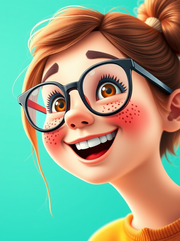 Create a vibrant digital illustration of a cheerful character with freckles and glasses, smiling against a solid turquoise background, using a Canon EOS R5 with a 50mm lens at f/1.8, ISO 100, and a shallow depth of field to enhance clarity and focus on the character's features.