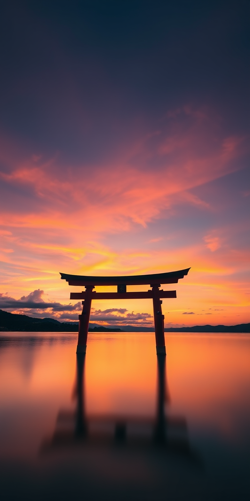 Sunset at a serene lake with a silhouette of a Torii gate in the foreground, long exposure effect to smooth the water surface, soft clouds drifting, vibrant colors in the sky, shot with a Canon EOS R5, 24-70mm lens, f/16, ISO 100, 30 seconds exposure, at a low angle to capture reflections and the horizon.