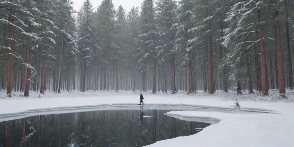 Tranquil winter landscape, with a snow-covered forest, tall pine trees blanketed in white, and a frozen pond in the foreground, with a single figure ice skating gracefully across the surface.