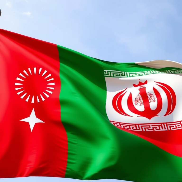 Create an image of a flag that combines elements of the flags of Tajikistan, Iran, and Afghanistan, with vibrant colors and crisp details, using a DSLR camera set to f/8, ISO 100, and a shutter speed of 1/200 sec, captured from a slight low angle with a wide-angle lens.