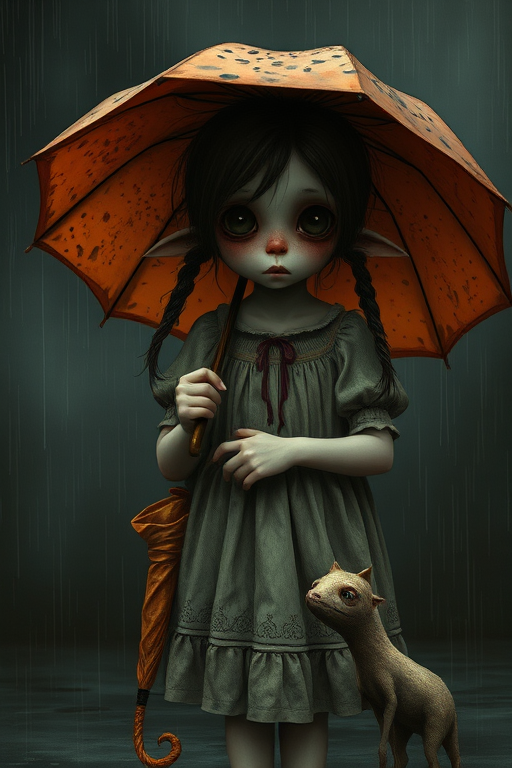 An eerie, weird little girl with dark hair in thin pigtails, wearing a smock dress, standing in the rain, holding a dirty orange umbrella, a small, odd creature beside her. In a surreal style inspired by Nicoletta Ceccoli and Brian Froud. Dark fantasy themes