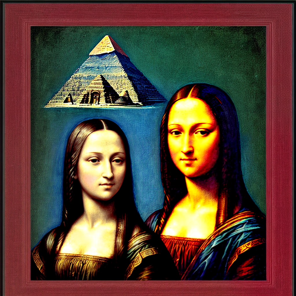 framed portrait picture of A Monalisa in front of Egyptian pyramids (copy-right free)