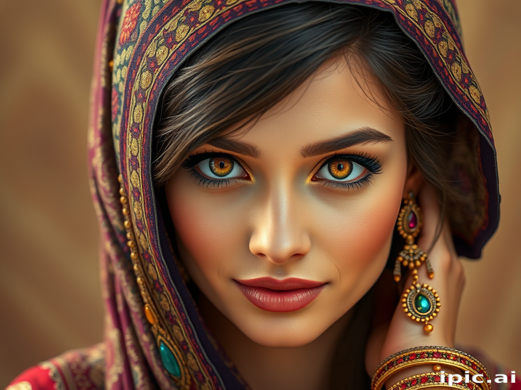 Create a portrait of a beautiful woman with striking hazel eyes and a gentle expression. She is adorned in traditional attire with intricate patterns, including a richly embroidered headscarf and matching garments. Her jewelry includes a delicate headpiece, dangling earrings, and ornate bracelets, all featuring vibrant gemstones and detailed metalwork. The background is soft and warm, enhancing the rich colors of her outfit and jewelry.