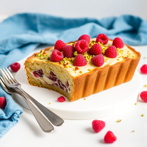 Create an image of a beautiful dessert loaf cake topped with fresh raspberries and chopped pistachios. The cake should be partially sliced to reveal a creamy filling with raspberries inside. Arrange the dessert on a white surface with a blue cloth in the background and some scattered raspberries and pistachios around it. Include two silver forks beside the cake for a touch of elegance.