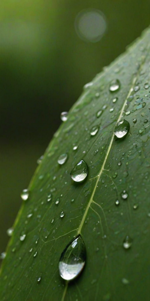 Sharp, high-resolution close-up of a raindrop clinging to the tip of a leaf, soft light reflecting off its surface, tiny veins in the leaf visible, and the quiet sound of rain tapping against windows in the background.