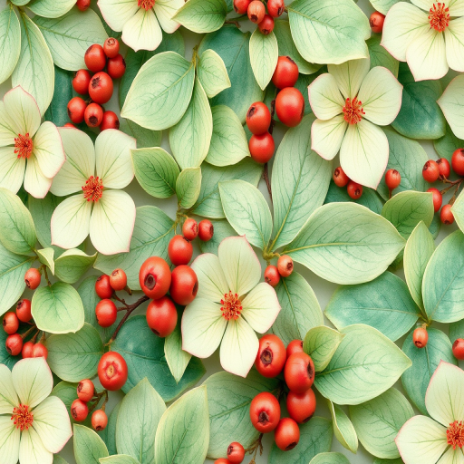 Create a high-resolution floral pattern featuring soft green watercolor shapes with various leaves and berries, shot with a DSLR camera at f/2.8, 1/125s, ISO 100, top-down view, using a macro lens for enhanced detail and color vibrancy.