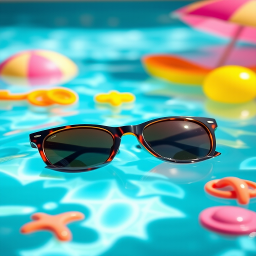 create a vibrant summer-themed scene featuring sunglasses floating in a pool with colorful beach toys, using a Canon EOS R5 with a 50mm f/1.2 lens, aperture set to f/2.8, ISO 100, shutter speed 1/200s, with a shallow depth of field and bright, soft lighting for a cheerful atmosphere