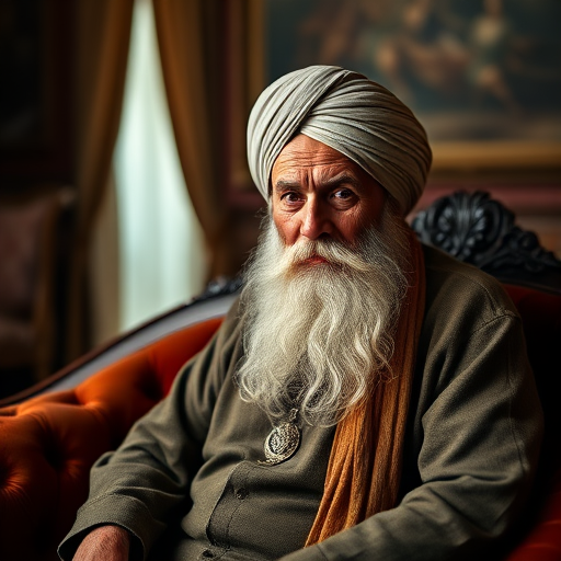 Regenerate a portrait of an elderly man with a long white beard and a turban, seated on an opulent velvet sofa in a dimly lit vintage room, using a DSLR camera with a 50mm lens, aperture set to f/1.8, ISO 200, with a warm color tone and soft focus background.