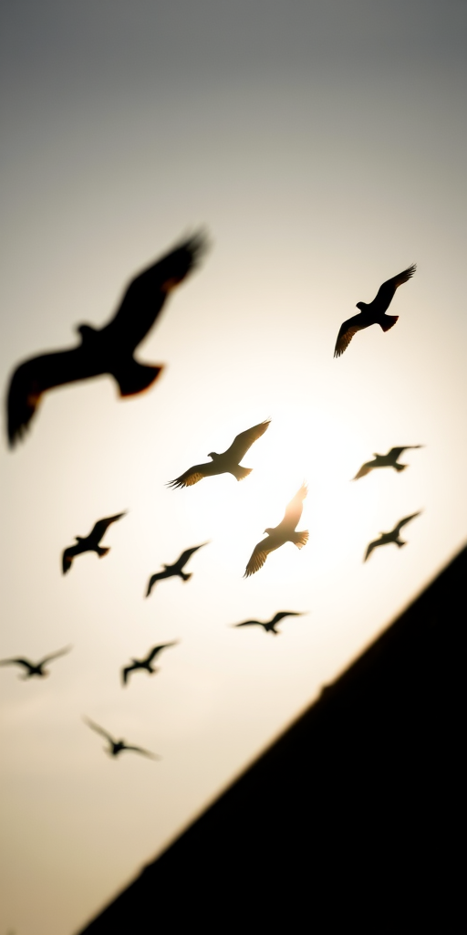 Regenerate a silhouette image of birds in flight against a bright sky, captured with a DSLR camera using a 50mm lens at f/2.8, ISO 100, shutter speed 1/1000 sec, from a low-angle view for dramatic effect with soft focus background.