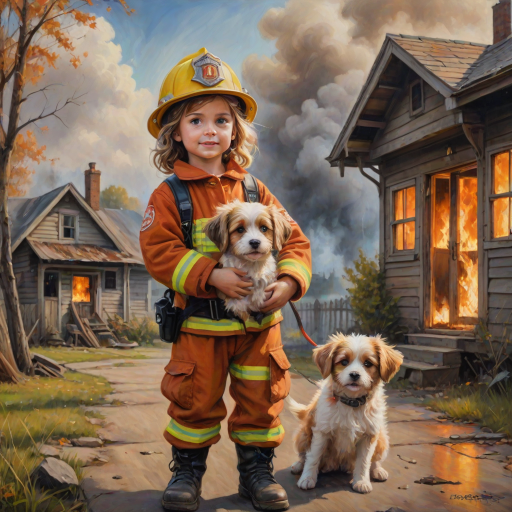 airbrushed oil painting, pixar style, cute little girl in fireman gear, helmet, tousled hair, expressive eyes, standing in the doorstep of a cottage burning behind him, holding a cute little dog in her arm, atumn sky