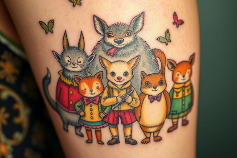 Illustrative tattoo titled "Storybook Menagerie" featuring whimsical animal characters with human-like expressions and clothing, inspired by vintage children's book illustrations, admired for its charming details and nostalgic appeal