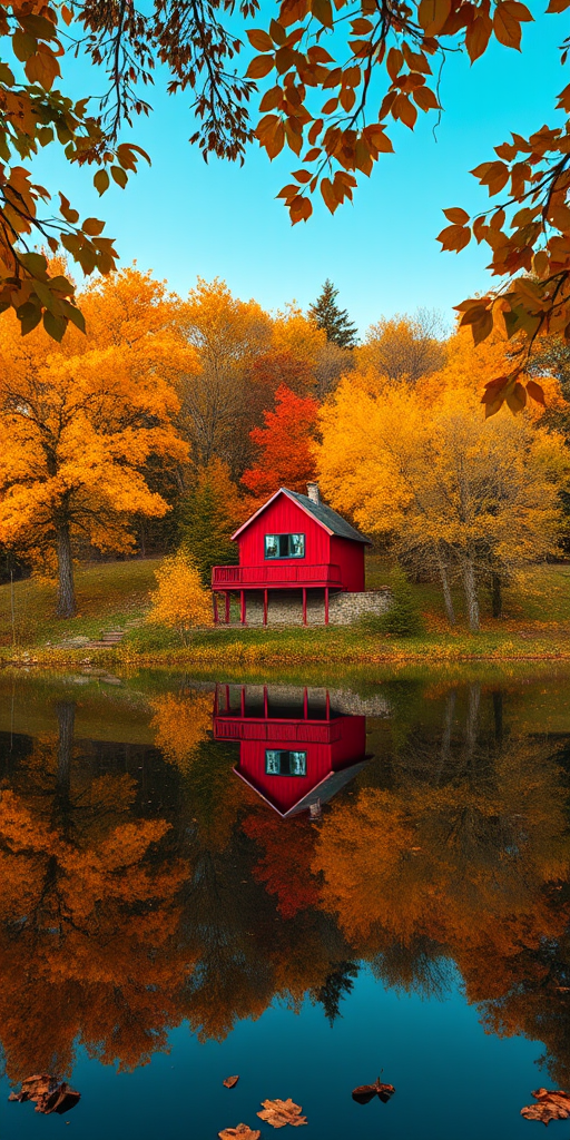 Capture a vibrant autumn landscape featuring a small red house surrounded by colorful trees with yellow and orange leaves, reflecting on a calm lake, shot with a Canon EOS 5D Mark IV, ISO 100, f/8, 1/200 sec, using a 24-70mm lens from a low angle to enhance depth and color saturation.