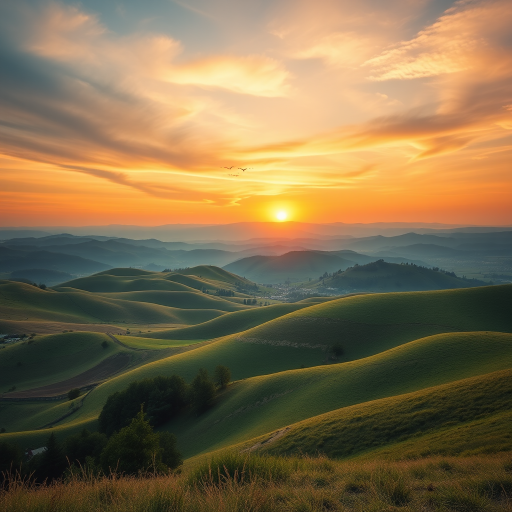 Generate a high-resolution image of a scenic landscape featuring rolling hills and a sunset, taken with a Canon EOS R5 at f/8, ISO 100, 1/125 sec, in a wide-angle view, using a vibrant color palette.