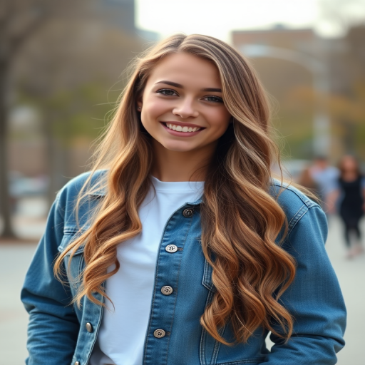 Portrait of a young woman with long wavy hair smiling outdoors in a casual denim jacket and white t-shirt, shot with a Canon EOS R5, 50mm lens, f/1.8 aperture, ISO 100, natural light, shallow depth of field to create a soft background blur.