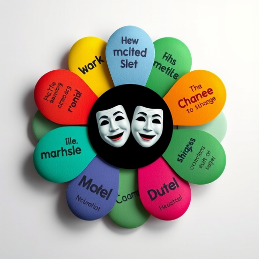 Create a high-resolution image of a flower diagram with six petals, each containing bold and diverse words related to emotional states, centered around a black circle with two theatrical masks, using a 50mm lens, f/1.8 aperture, ISO 100, and soft lighting for a vibrant look.