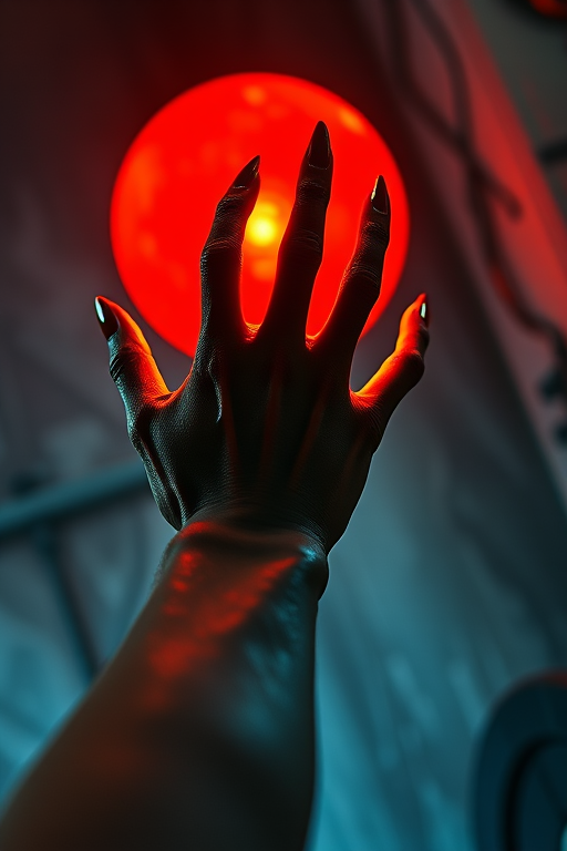 Create a high-resolution digital artwork of a clawed hand reaching toward a glowing red orb, using a Canon EOS R5 camera at f/1.8, ISO 100, 1/200s shutter speed, shot from a close-up view with soft lighting to enhance detail and depth.
