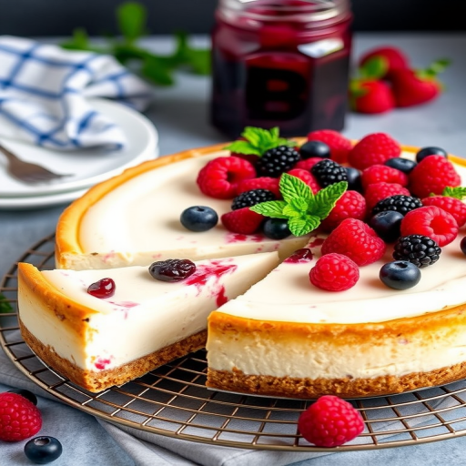 A delicious cheesecake topped with a variety of fresh berries including raspberries blackberries and blueberries garnished with mint leaves on a cooling rack with a slice cut out revealing the creamy texture inside alongside a jar of berry sauce in the background