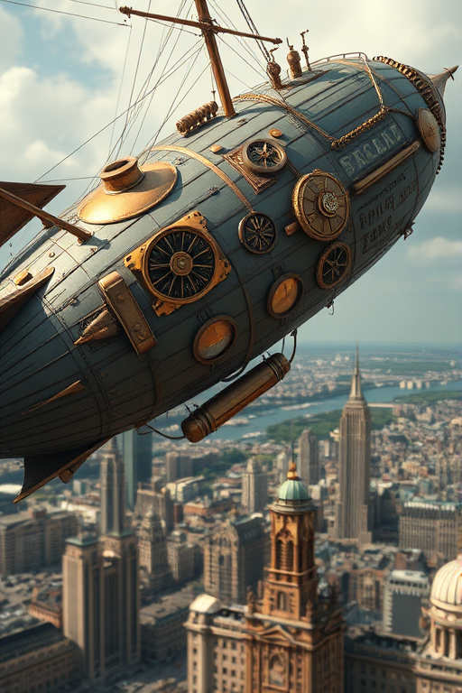 Create a detailed steampunk airship flying above a city, with intricate metalwork and brass elements, shot from a low angle perspective using a DSLR camera at f/8 aperture, ISO 100, and a shutter speed of 1/250 sec for enhanced clarity and depth.
