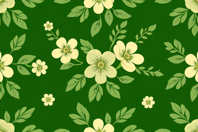 Create a seamless pattern of flowers and leaves in soft green and cream colors on a dark green background.