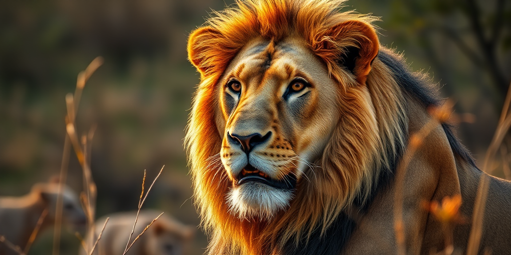 Create a highly detailed portrait of a majestic lion in its natural habitat, with a shallow depth of field at f/2.8, shot with a 85mm lens, in golden hour lighting to enhance textures, using a full-frame DSLR camera with a low ISO setting for clarity.