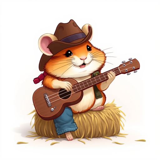 A chibi hamster, dressed as a cowboy, playing guitar, sitting on a hay bale