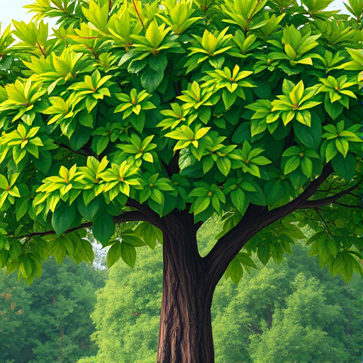 Generate a detailed illustration of a lush green tree in a natural setting with vibrant leaves and a sturdy trunk, using a DSLR camera with a 35mm lens, aperture f/2.8, ISO 100, and natural lighting to enhance depth and detail.