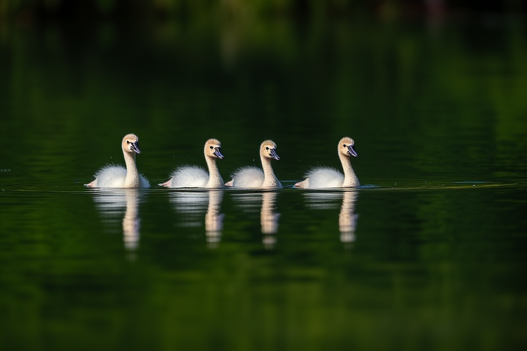 Capture a serene lake scene featuring four cygnets swimming together, using a Canon EOS R5, with a 50mm lens, aperture set to f/2.8, ISO 100, and a shutter speed of 1/2000s, positioned at a low angle to emphasize the water's surface reflections and the lush green background.