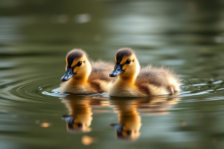 Capture a close-up of two ducklings swimming in a still pond with soft reflections, using a Canon EOS 6D, 50mm lens, f1.8 aperture, ISO 400, 1/200 sec shutter speed, with natural lighting and a shallow depth of field for a blurred background.