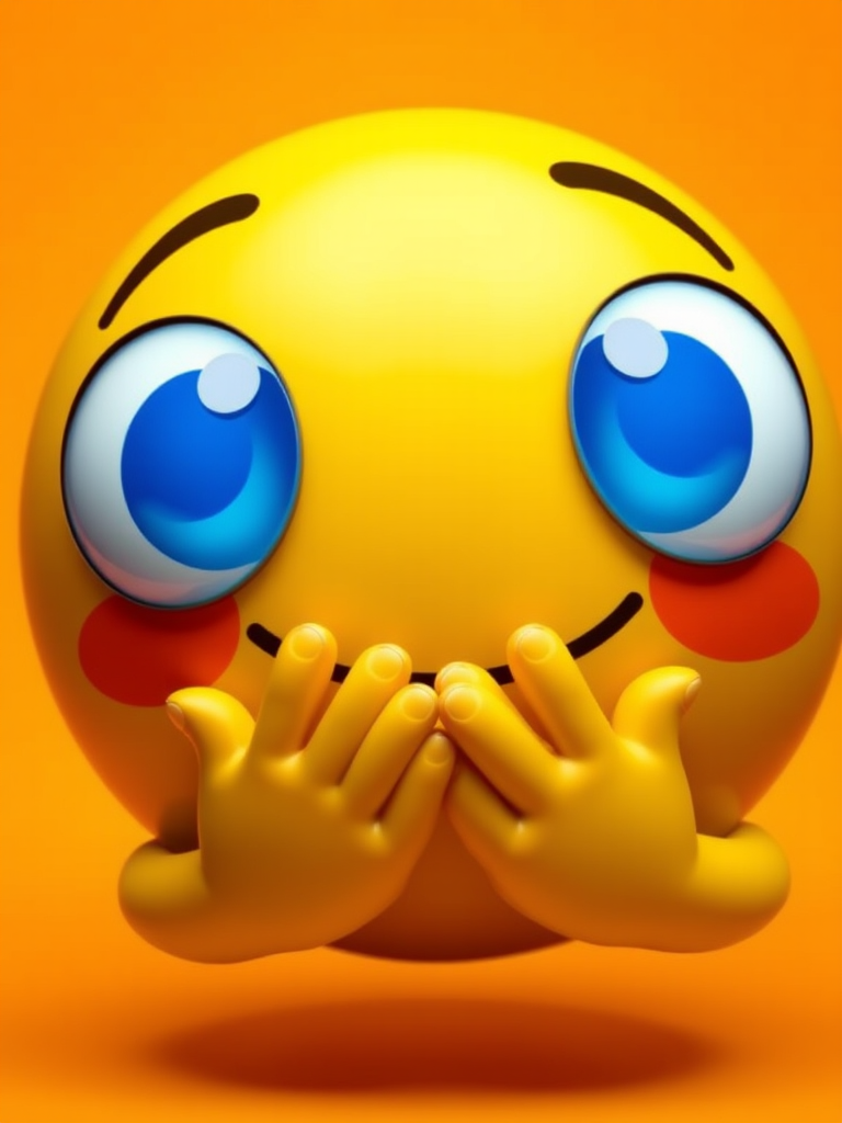 Create a high-resolution image of a happy, cartoon-style yellow emoticon with large blue eyes and a playful smile, holding its hands together in a loving gesture, with a gradient orange background, using a DSLR camera with a 50mm lens, aperture set to f/1.8 for a shallow depth of field, and ISO 200 to enhance image quality and vibrancy.