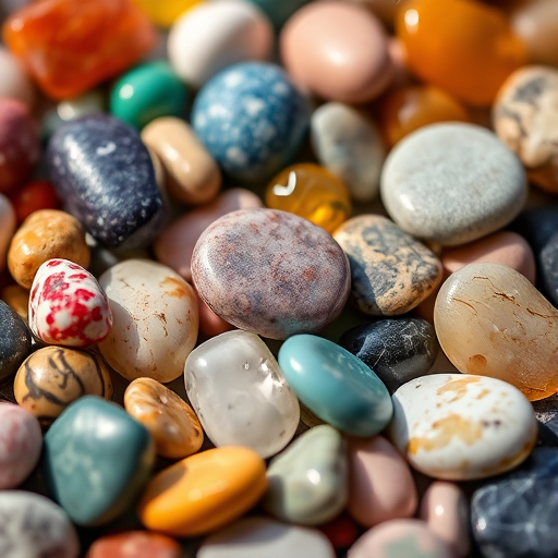high-resolution close-up photograph of assorted colorful polished stones and pebbles, captured with a DSLR camera at ISO 100, f/8 aperture, 1/60 sec shutter speed, macro lens at a 50mm focal length, natural lighting with a shallow depth of field for enhanced detail and texture