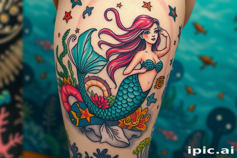 Whimsical neo-traditional mermaid tattoo with vibrant teal scales and flowing pink hair, surrounded by colorful sea creatures and coral, spanning the entire thigh in a captivating underwater scene