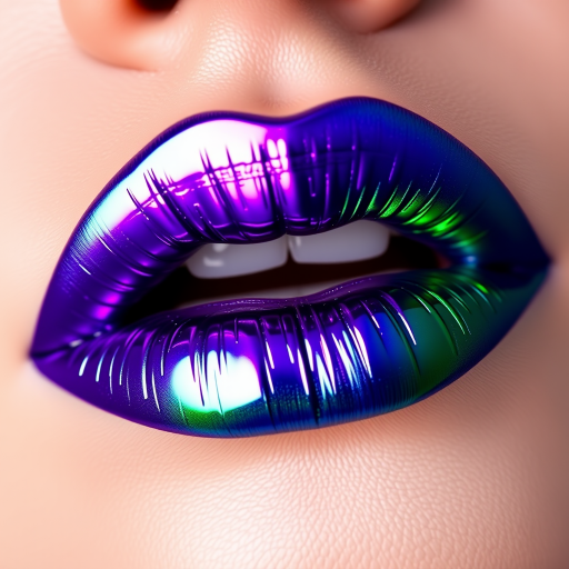 Duochrome lips shifting between emerald green and royal purple, mesmerizing and unique, showcasing an innovative approach to lip color