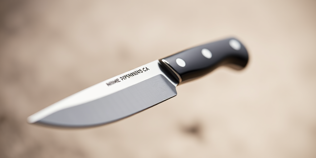Create a highly detailed close-up image of a finely crafted knife with a textured handle against a neutral background, using a DSLR camera with a 50mm lens, aperture set to f/1.8, ISO 100, and a shutter speed of 1/200 sec, in natural lighting for enhanced clarity and depth of field.