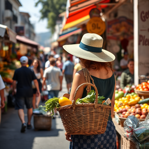 Bustling street market on a sunny day, with colorful stalls selling fresh produce, a woman in a wide-brimmed hat browses the fruits and vegetables, her wicker basket already filled with local goods.