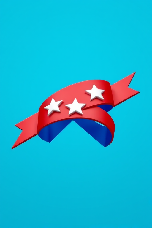 Create a 3D render of a stylized ribbon featuring red, white, and blue colors with three white stars on it, using a Canon EOS R camera, with a 50mm lens, f/2.8 aperture, ISO 100, shot from a low angle perspective, in vibrant colors and high contrast for enhanced detail.