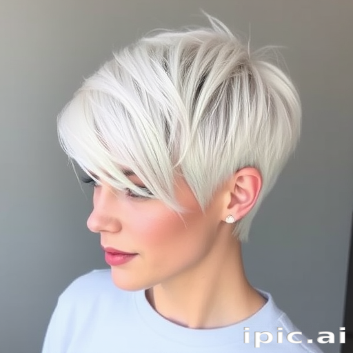 Stunning platinum blonde pixie cut with textured layers, showcasing a daring asymmetrical design and soft, feathered edges, exuding modern elegance and effortless style