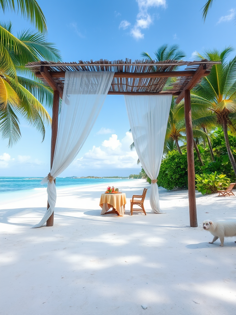 Create a picturesque tropical beach scene featuring a serene, white sandy shore. In the foreground, there's a rustic wooden canopy with white drapes gently flowing in the breeze. Underneath the canopy, a table is set with tropical decor, evoking a sense of relaxation and leisure. The beach extends into a calm, shallow water area with reflections of the sky and surroundings. Palm trees and lush greenery line the edge of the beach, providing a natural, tropical backdrop. The sky is clear with a few scattered clouds, and the overall atmosphere is tranquil and inviting, perfect for a peaceful retreat.