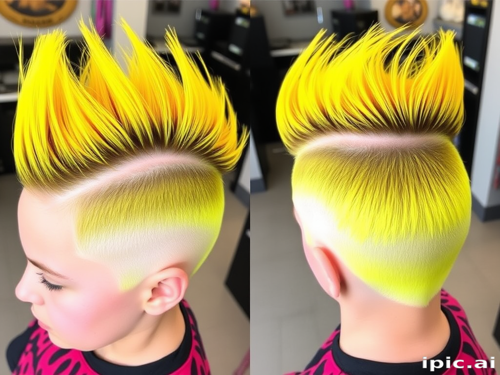 Fierce neon yellow mohawk fade dubbed Electric Shock boasting a vibrant shock of color gradually transitioning into closely buzzed platinum sides creating a bold and energetic statement