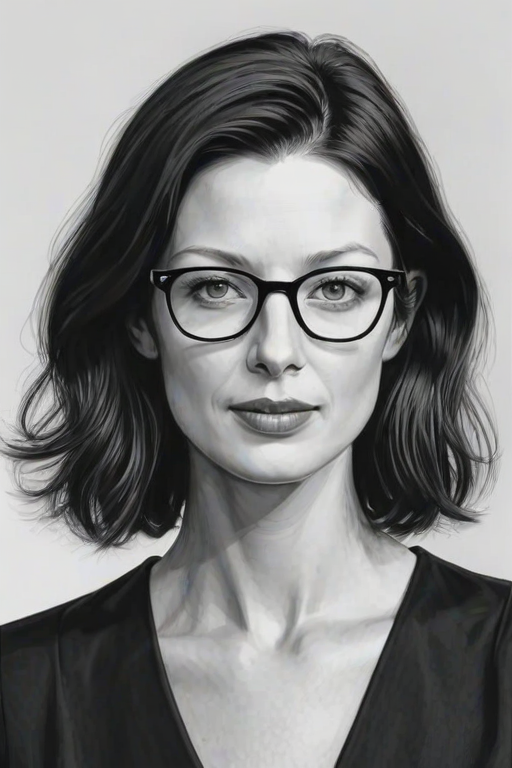 Graceful Caitriona Balfe, pencil sketch, portrait of Elegant woman 1974s in glasses, hair style beatnik, outline, clear lines, fine lines, 8k