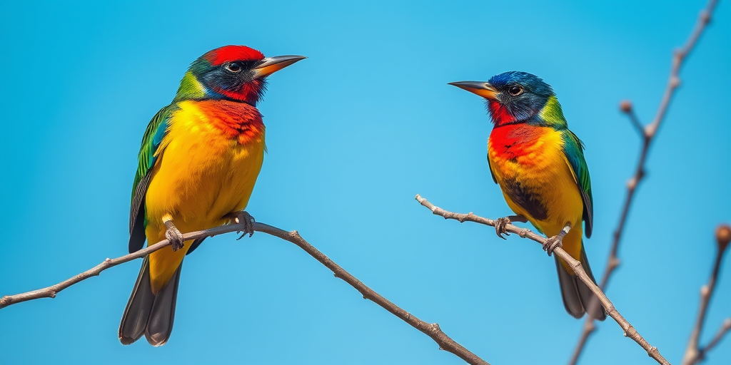 Capture two vibrantly colored birds perched on thin branches with a clear blue sky background, using a Canon EOS R5, 100mm f/2.8 macro lens, ISO 200, f/4, 1/1000s shutter speed, natural light for enhanced detail and clarity.
