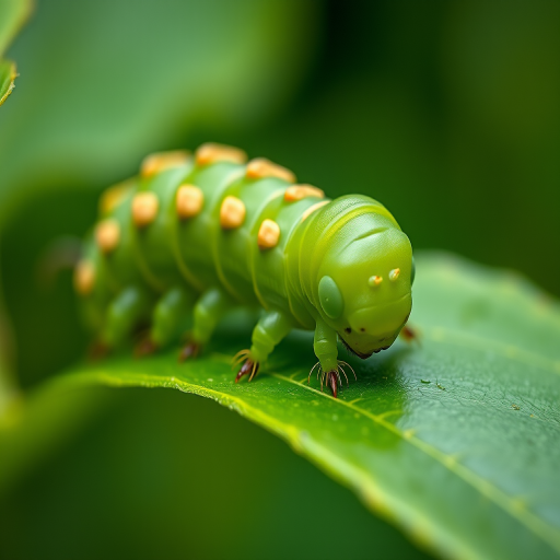 Create a highly detailed macro photograph of a vibrant green caterpillar resting on a leaf, using a DSLR camera with a 100mm macro lens, f/2.8 aperture, ISO 200, shutter speed 1/250s, natural soft lighting for enhanced texture and contrast.