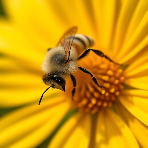 macro shot of a bee on a vibrant yellow flower with shallow depth of field, aperture f/2.8, ISO 200, shutter speed 1/500s, natural light, Canon EOS 5D Mark IV, 100mm lens