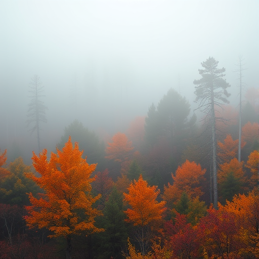 Foggy forest scenery with vibrant autumn foliage, captured with a Canon EOS R5 at f/8 aperture, ISO 100, shutter speed 1/200 sec, landscape view, using a wide-angle lens.