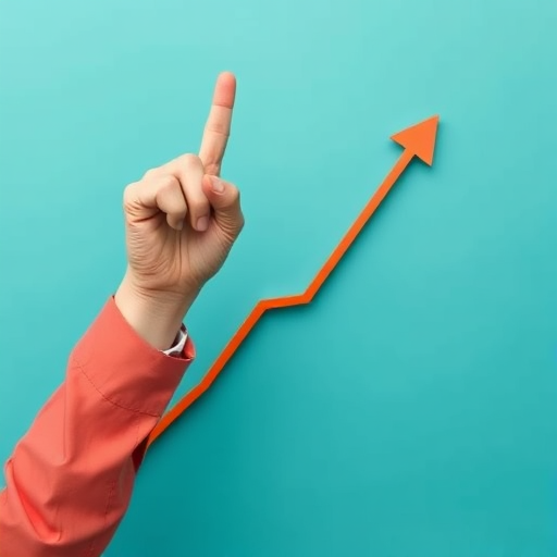 Create an image of a upward trending graph represented by a stylized hand pointing upwards, with a solid teal background, using a Canon EOS 5D Mark IV, f/8 aperture, ISO 100, 50mm lens, and a slight overhead angle for a professional look.