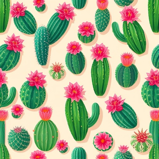 Create a seamless pattern of colorful cacti with pink flowers on a beige background, shot with a Canon EOS R5, 50mm lens, f/2.8 aperture, ISO 200, using a top-down perspective in a vibrant, illustrative style.